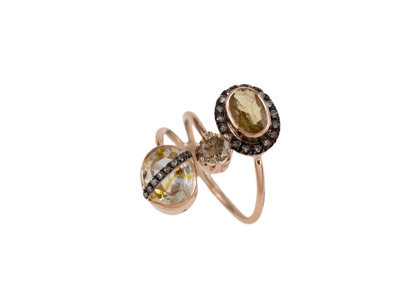 14 Carat Gold Ring with Yellow Sapphires, Champagne color Diamond and small Diamonds