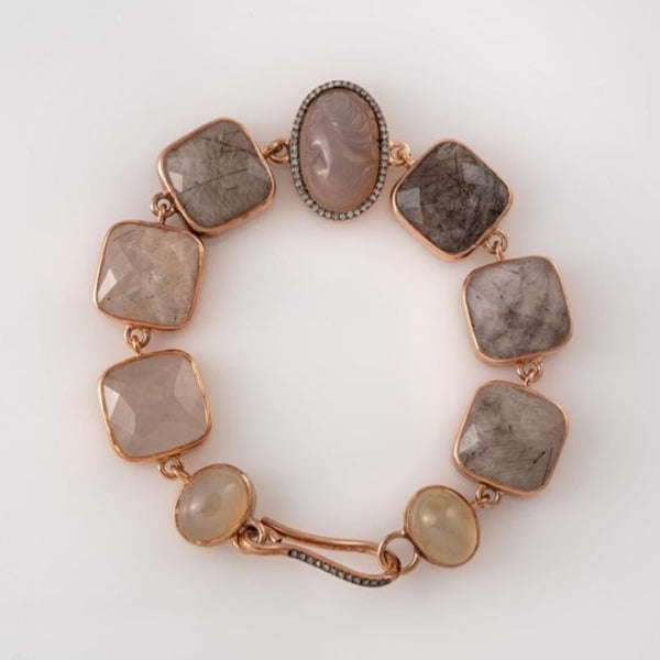 Gold plated bracelet with grey agate, angel hair stones, chalcedonies and diamonds