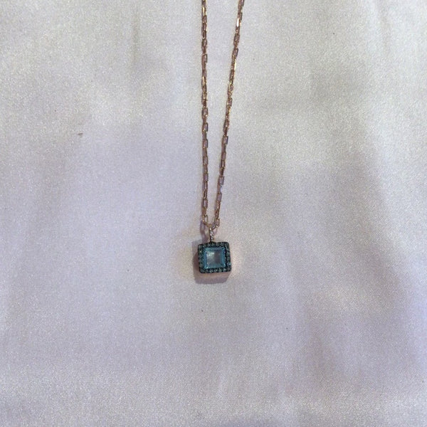 IA Jewels Gold Plated Necklace with Square Aquamarine and Diamonds