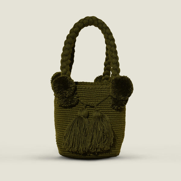 Olive Green Small Pom Pom Bag