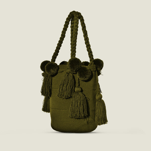 Olive Green Pom Pom Bag