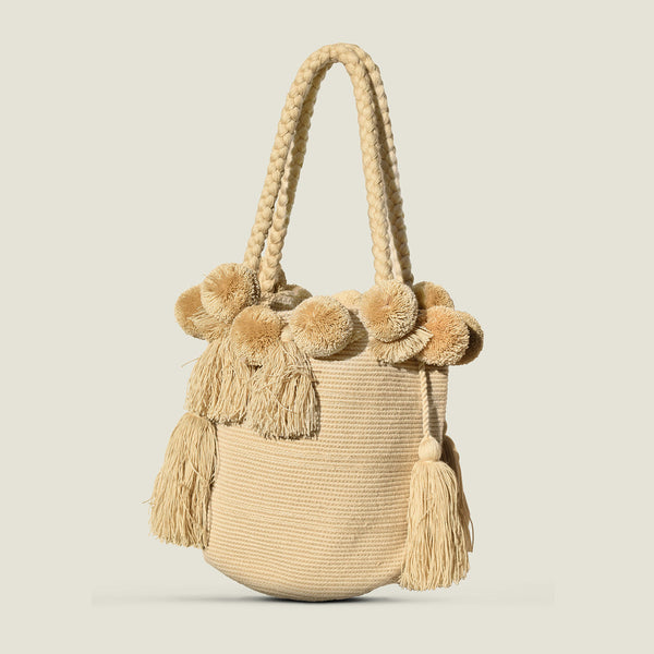 Natural Cream Pom Pom Bag